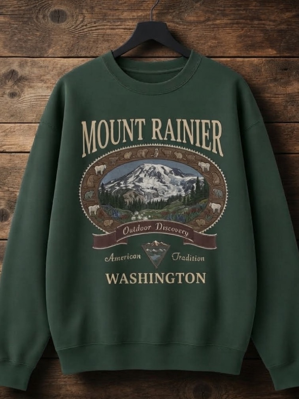 Mount Rainier Washington Outdoor Discovery American Tradition Green Sweatshirt